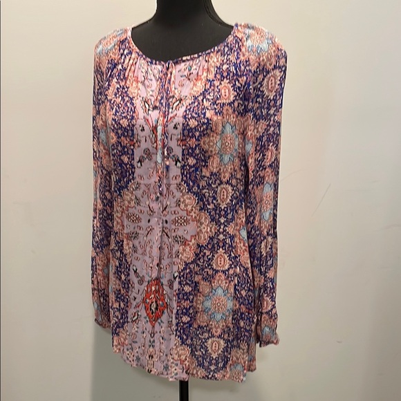Lucky Brand Top Blouse Women Size M Multicolor Print Long Sleeves Lightweight - Picture 1 of 12